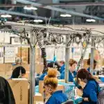 Fully staffed electronics assembly line with employees assembling products in a high-tech manufacturing facility for upper echelon technology group.